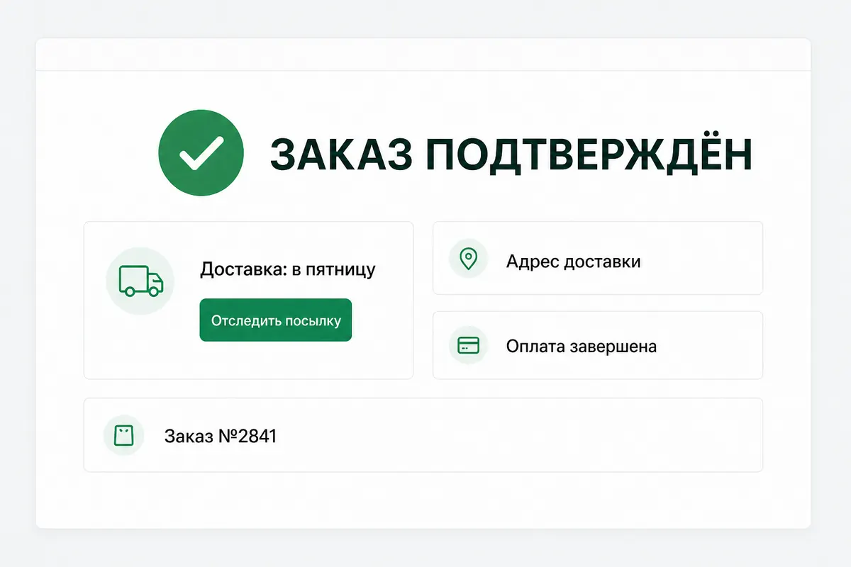 Скриншот подтверждения заказа, переведенный с английского на русский