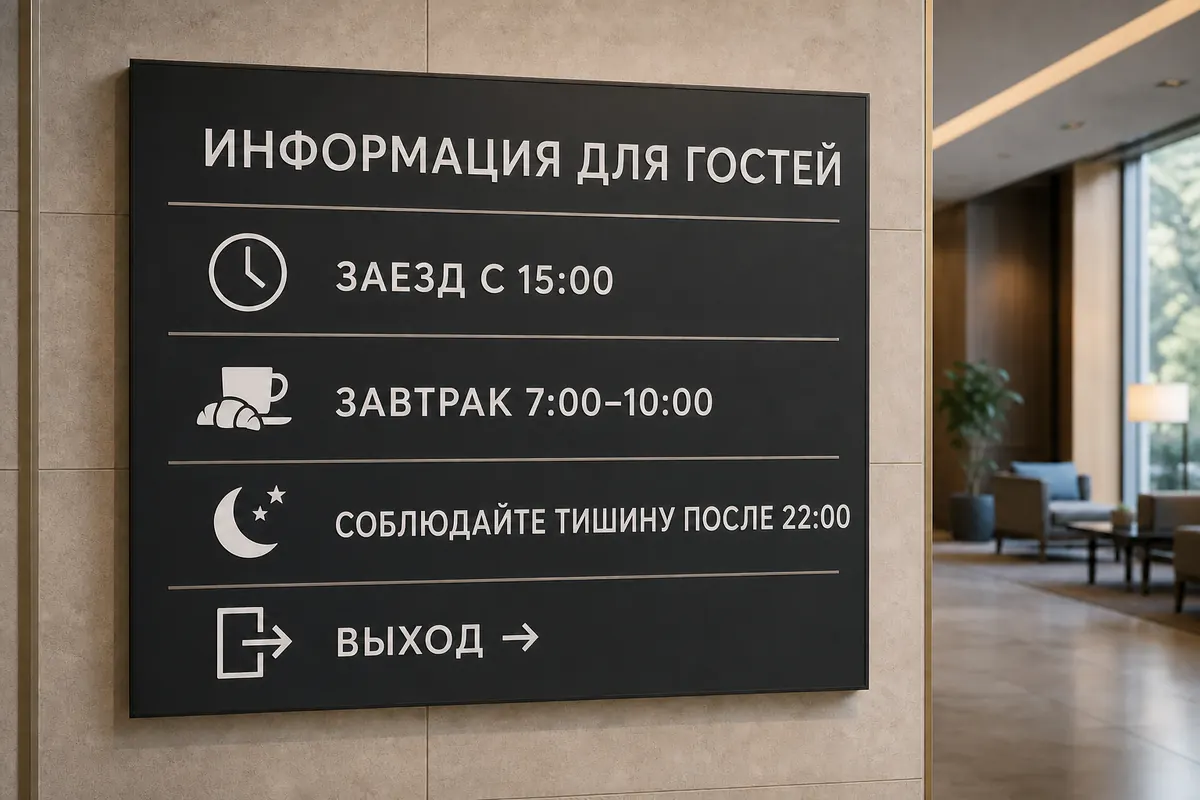 Информационная табличка в гостинице, переведенная с английского на русский