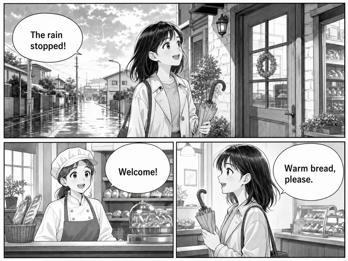 Manga translator result with concise English dialogue inside three speech bubbles