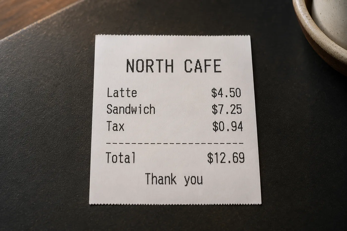 Cafe receipt with prices ready for OCR text extraction