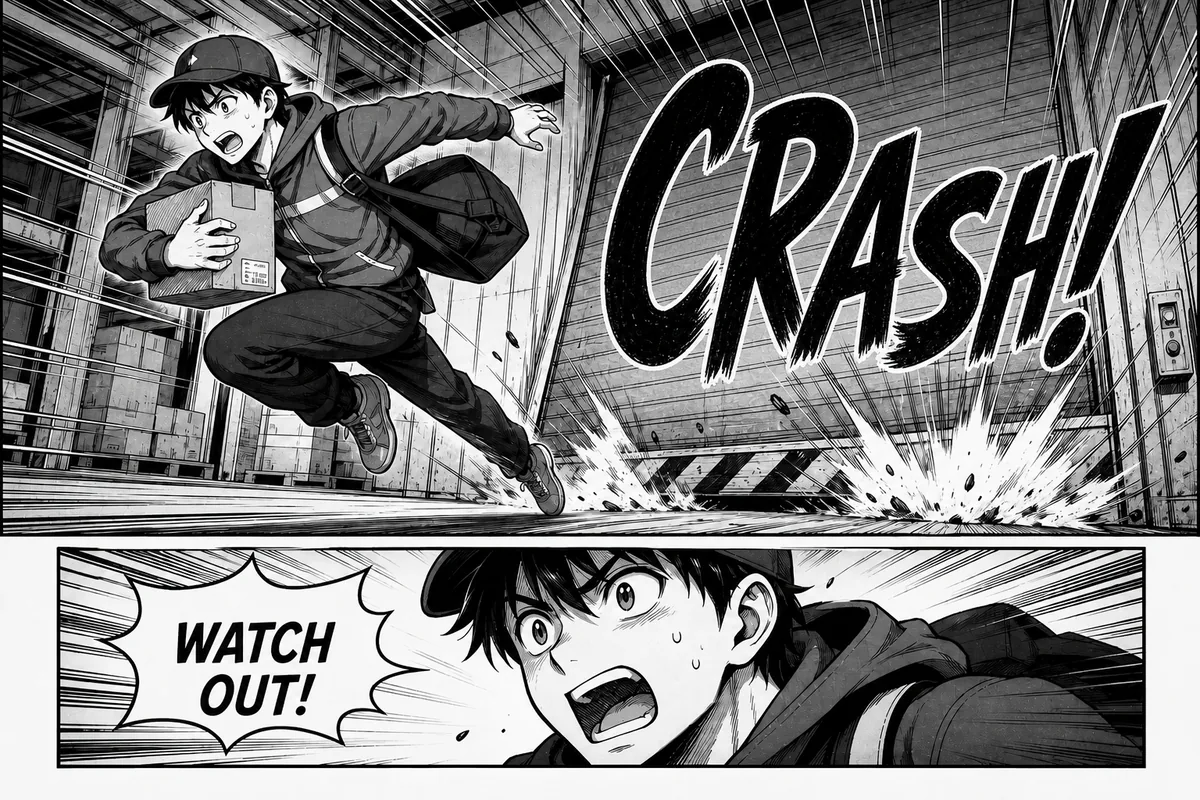 Manga translator action result with English warning dialogue and integrated CRASH sound effect