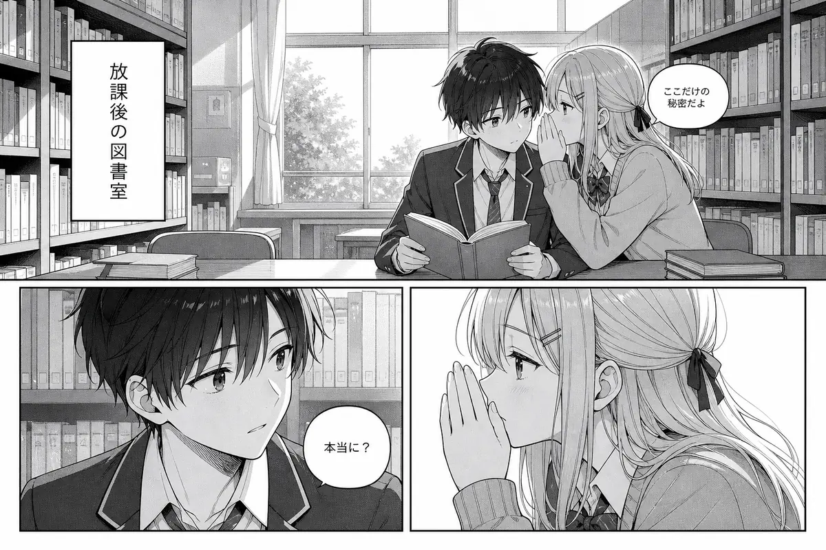 Manga translator example with vertical Japanese library caption and speech bubbles