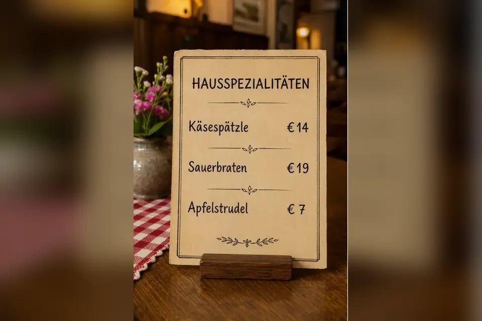 Original German regional specialties menu with euro prices in a local restaurant