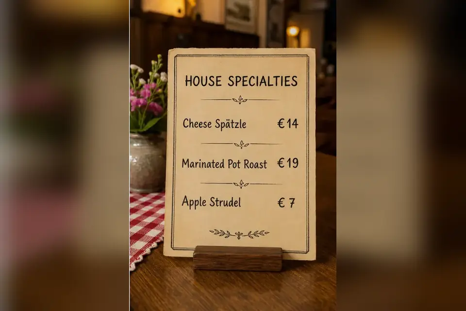 English translation of the German regional specialties menu preserving euro prices and printed layout
