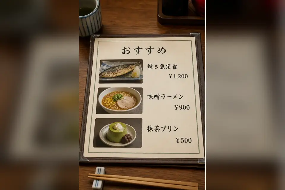 Original Japanese neighborhood restaurant menu with dish photos and yen prices