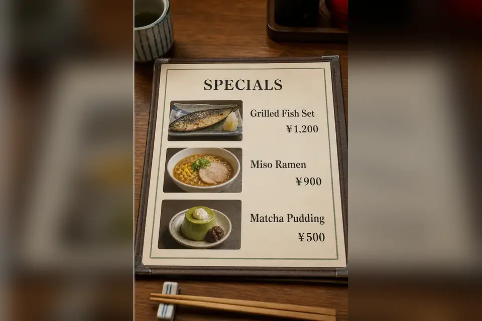 English translation of the Japanese neighborhood restaurant menu preserving dish photos and yen prices