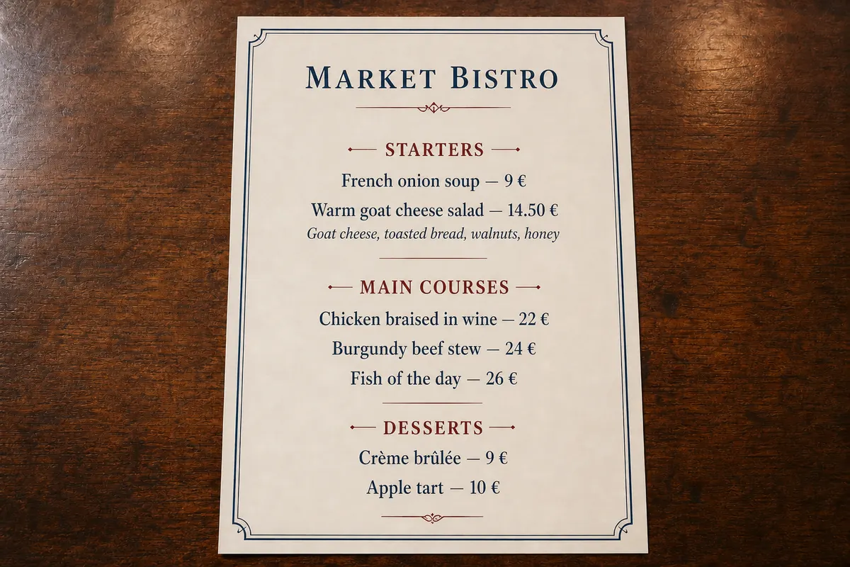 English version of the same bistro menu preserving its sections, dish descriptions, and euro prices