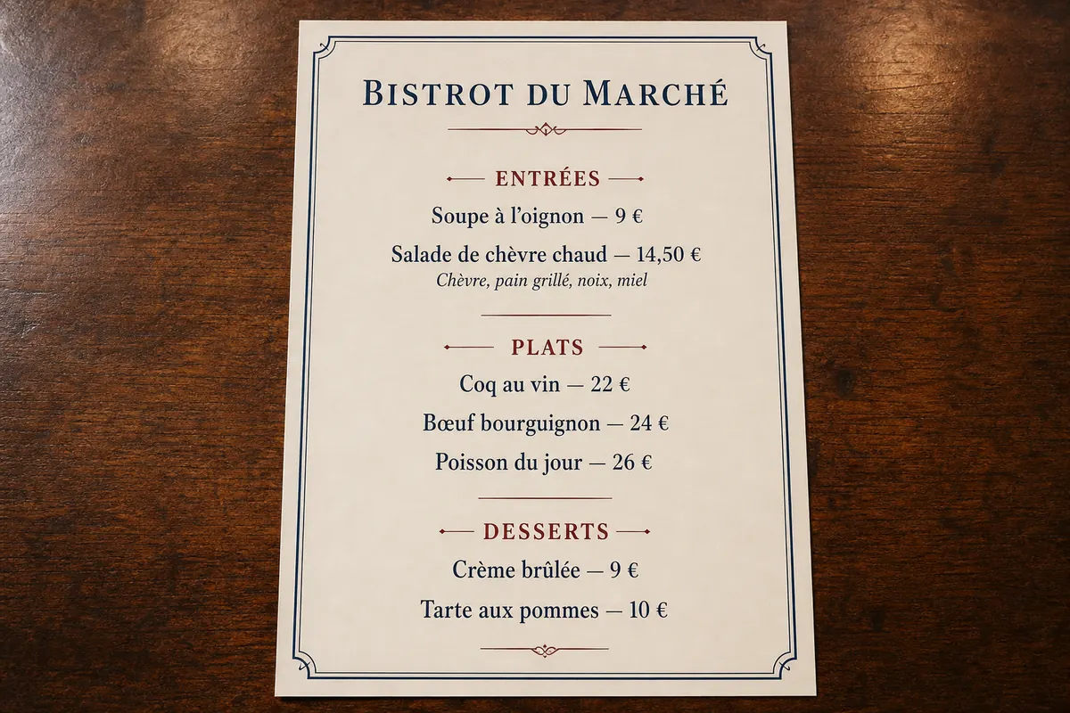 French bistro menu on a wooden table with starters, main courses, desserts, descriptions, and euro prices