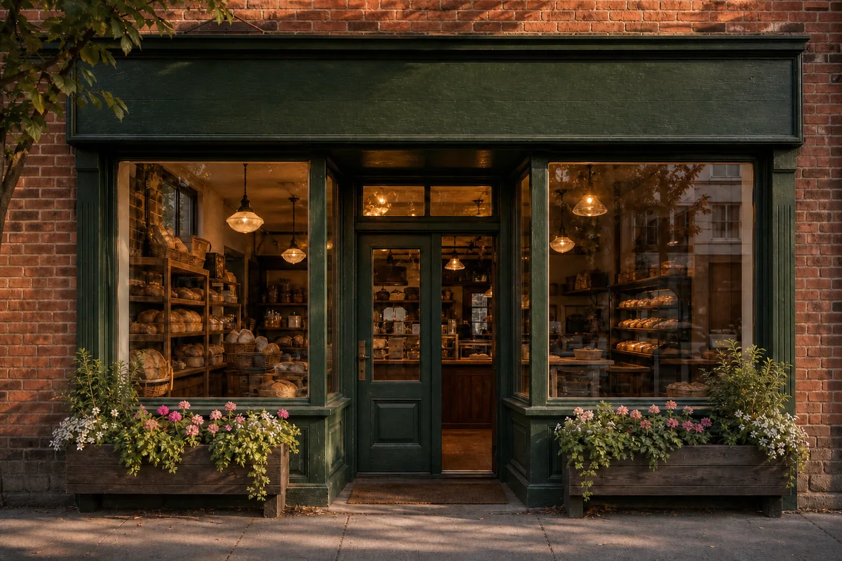 Bakery storefront after text was removed from the sign and windows