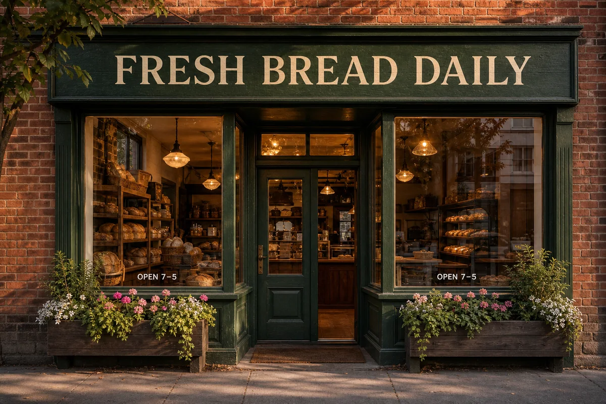 Bakery storefront with sign and opening-hours text before removal