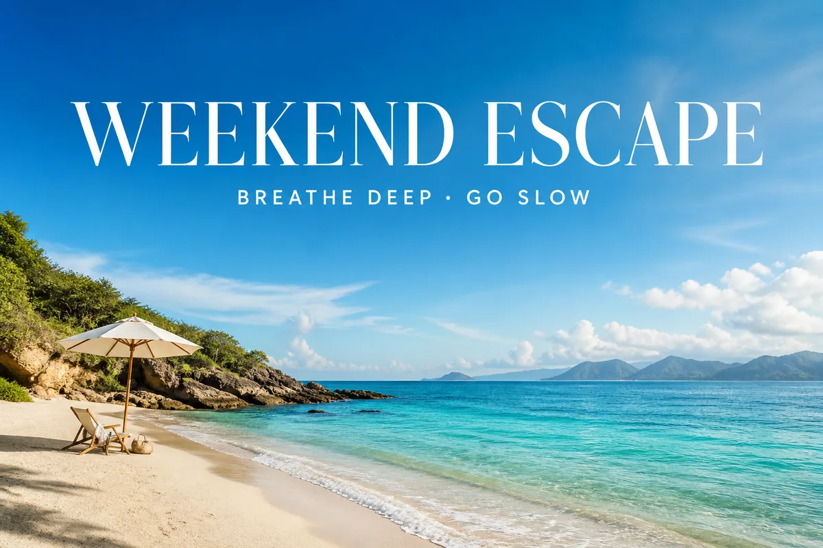 Beach social graphic with a large Weekend Escape caption before removal