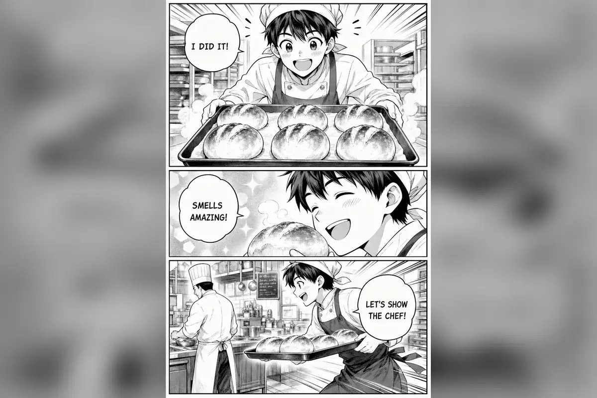 Manga translator bakery result with concise English inside the original bubbles
