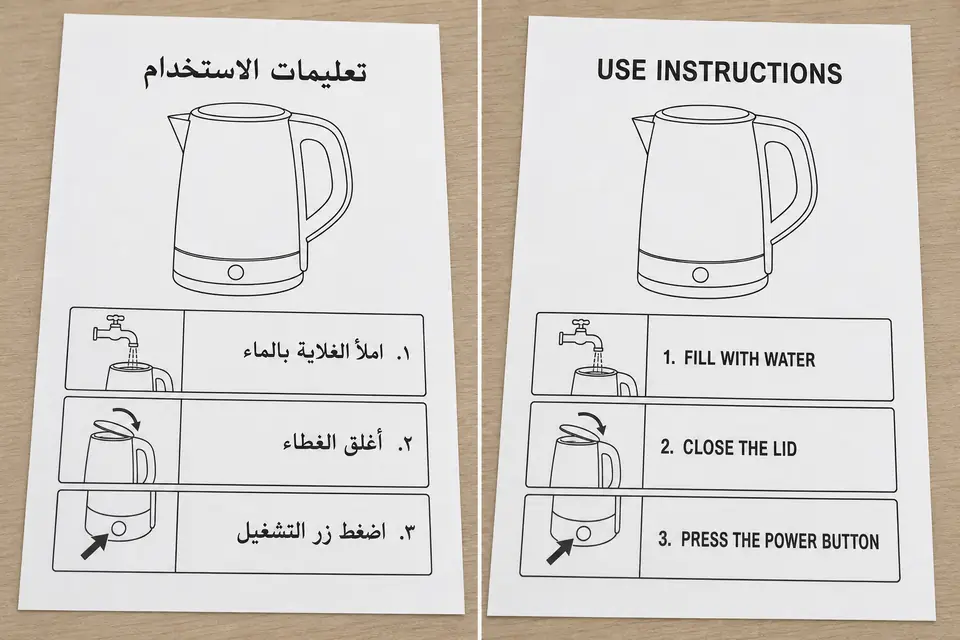 Arabic kettle instruction sheet translated to English with three numbered steps