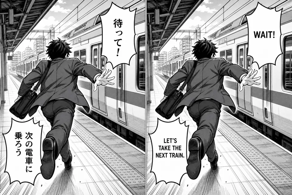 Original Japanese manga train scene translated into English inside the speech bubbles