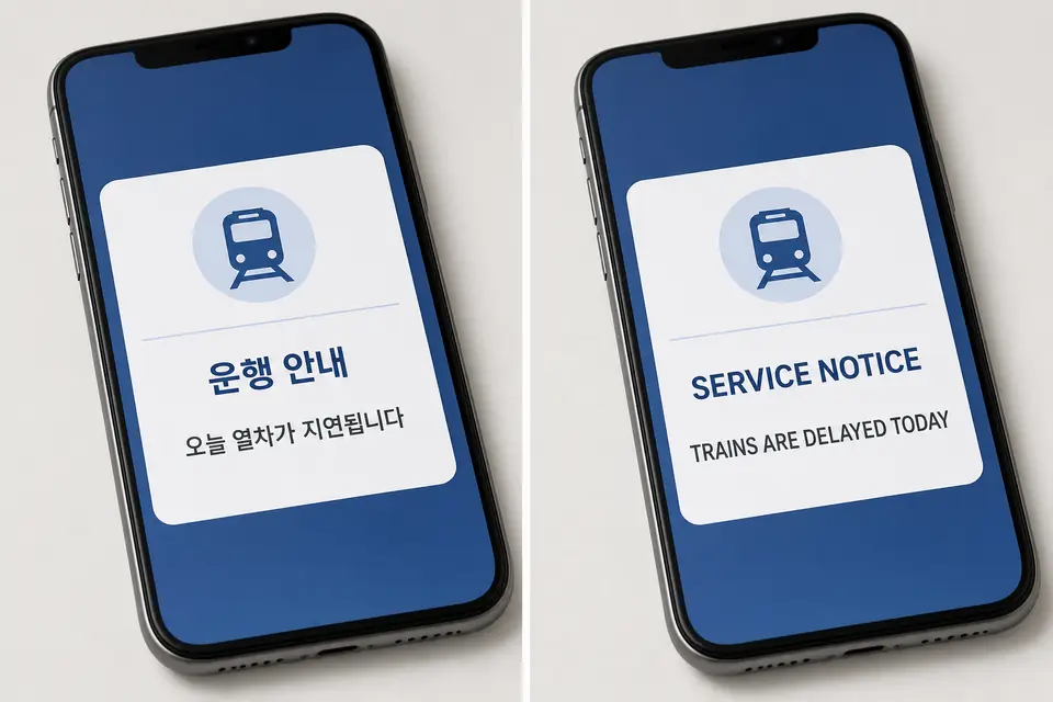 Korean train service notice translated to English on a smartphone screen