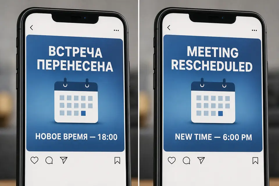 Russian social media event announcement translated to English as Meeting Rescheduled