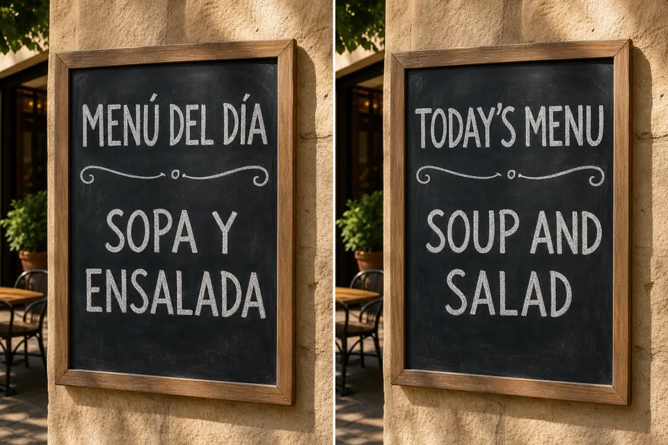 Spanish cafe menu board translated to English as Today's Menu and Soup and Salad