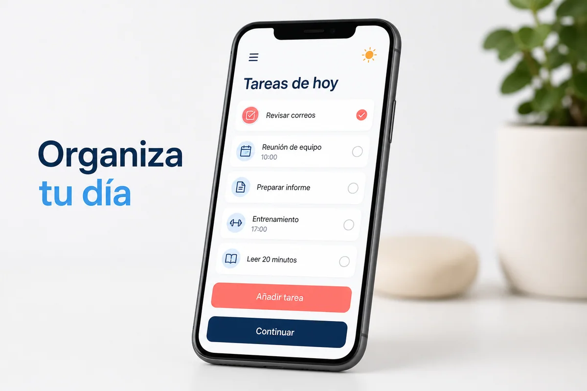 Spanish productivity app screenshot with tasks and interface buttons