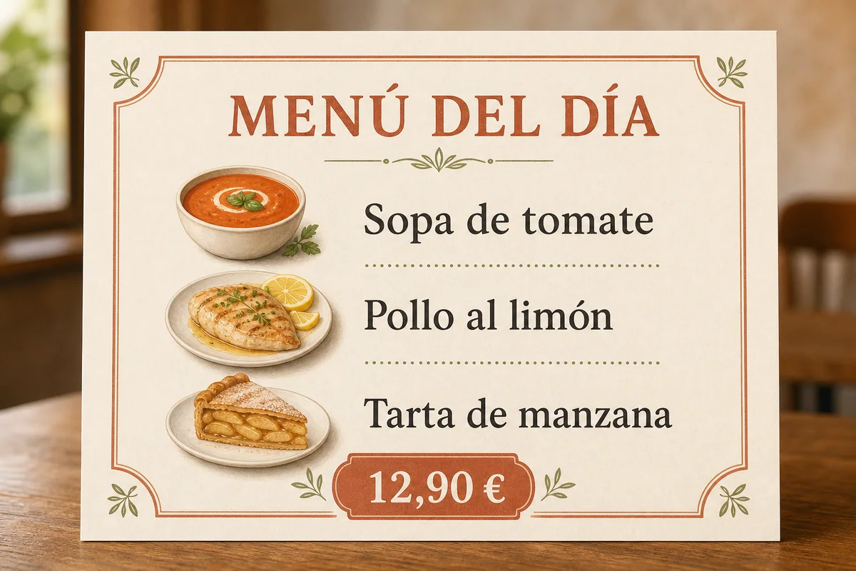 Spanish menu image with soup, chicken, apple tart, and a preserved euro price