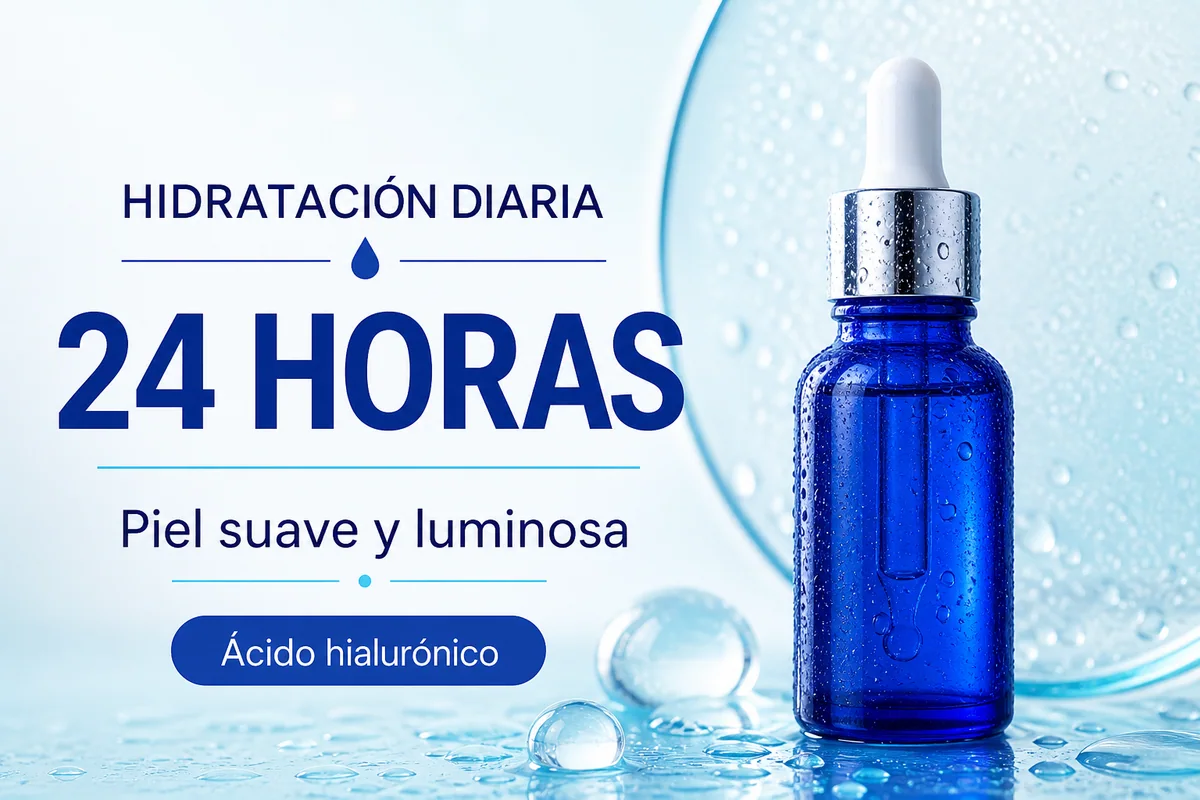 Spanish skincare product poster showing hydration claims and preserved advertising layout
