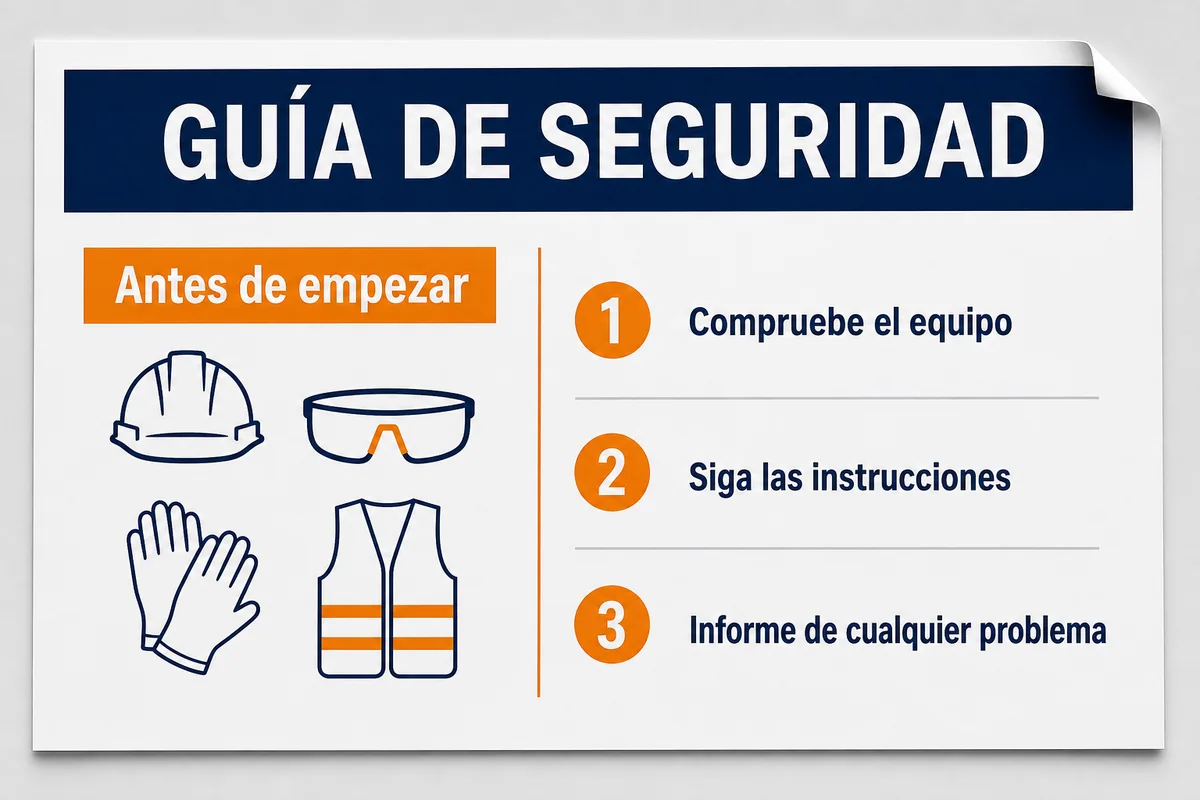 Spanish workplace safety guide with a numbered checklist and protective equipment icons